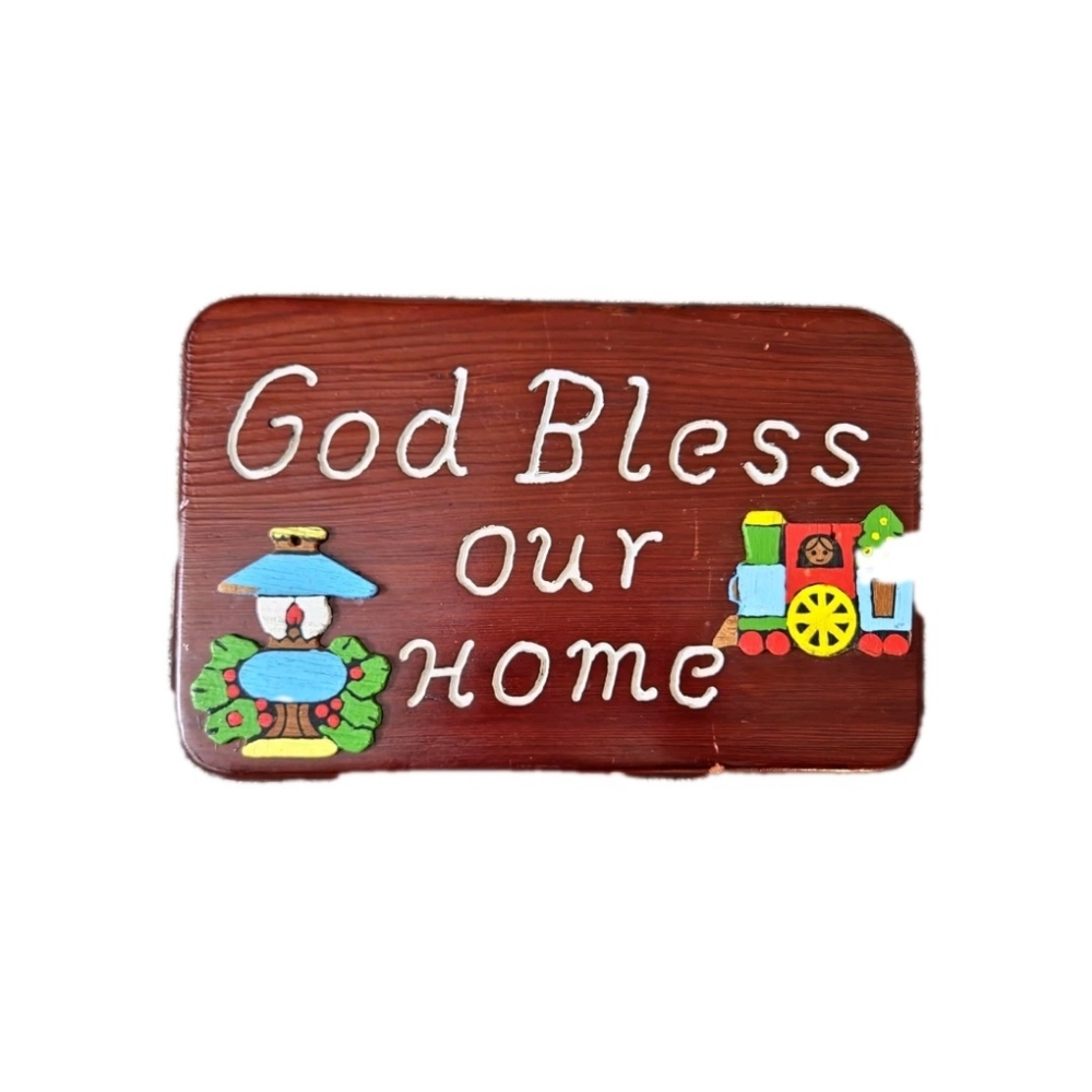 Vintage 70s 80s God Bless Our Home Religious Wooden Train Wall Plaque Country